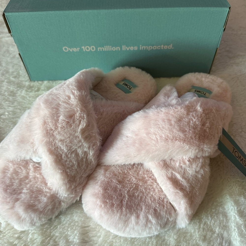 TOMS Soft Pink Faux Fur Slippers